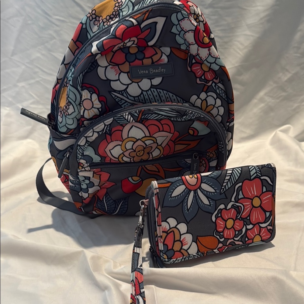 Vera Bradley Floral Backpack and Wallet - Gray and Pink